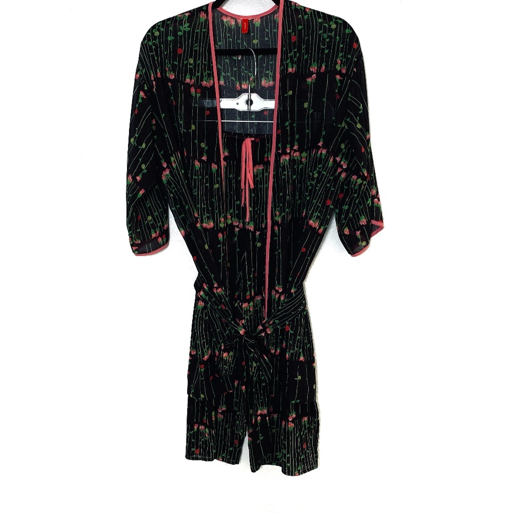 Josie Natori Two Piece Set Sheer Robe & Pant Small Floral Vintage Fairy Whimsy